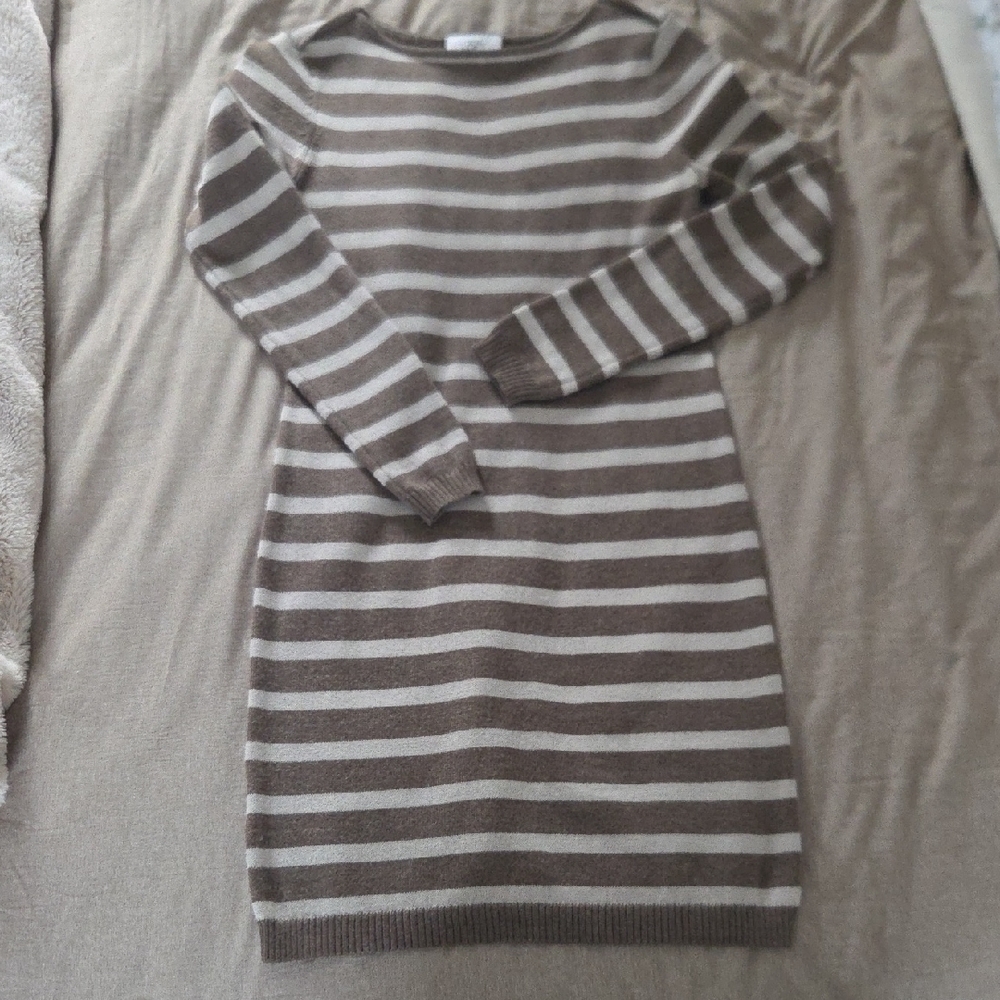 LOFT Brown and Cream Striped Long Sleeve Dress